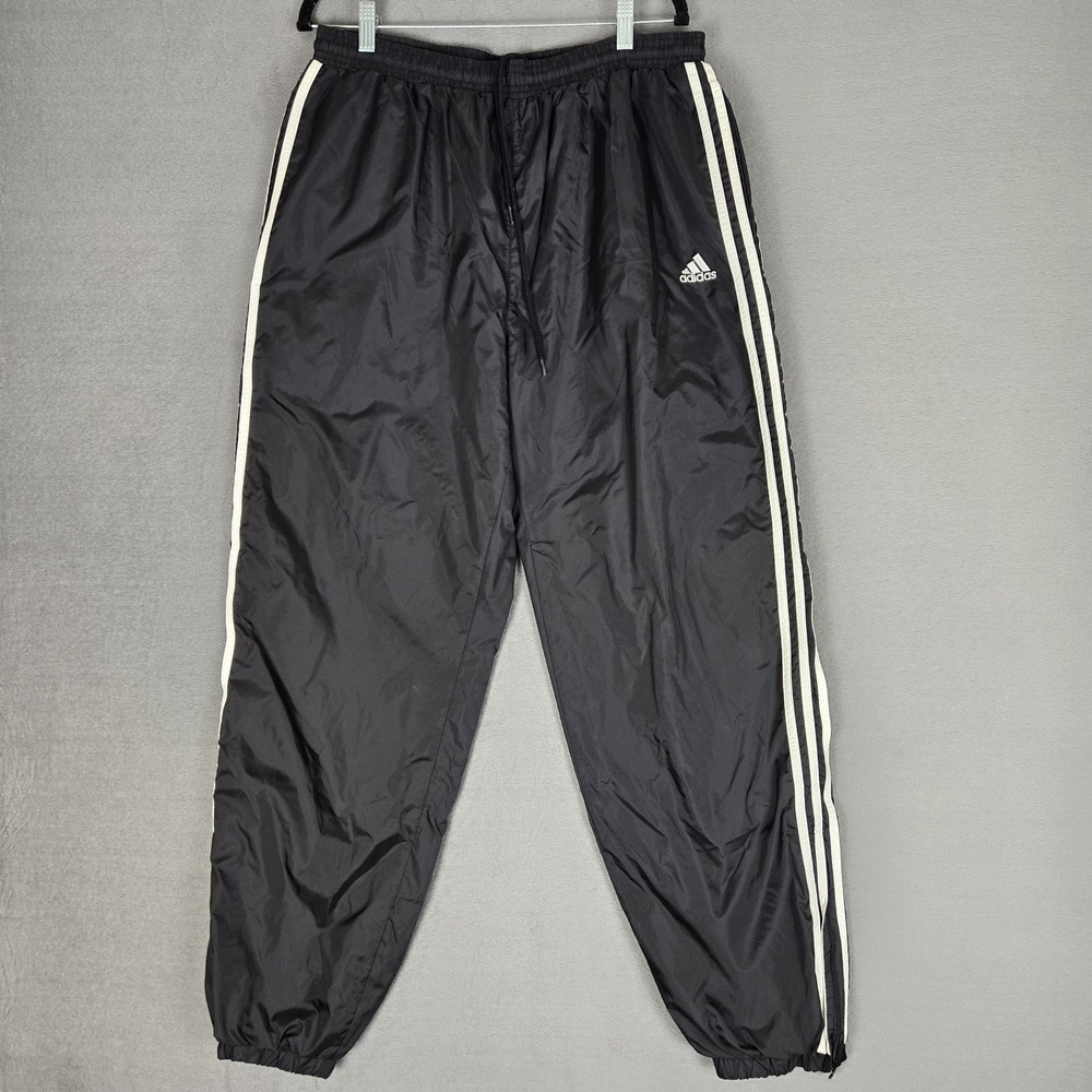 VTG Adidas Track Pants Mens XL Black White 3 Stripe Lined Ankle Zip Drawstring